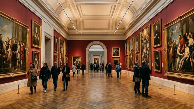 Art lovers viewing classical paintings inside the Museo del Prado in Madrid.