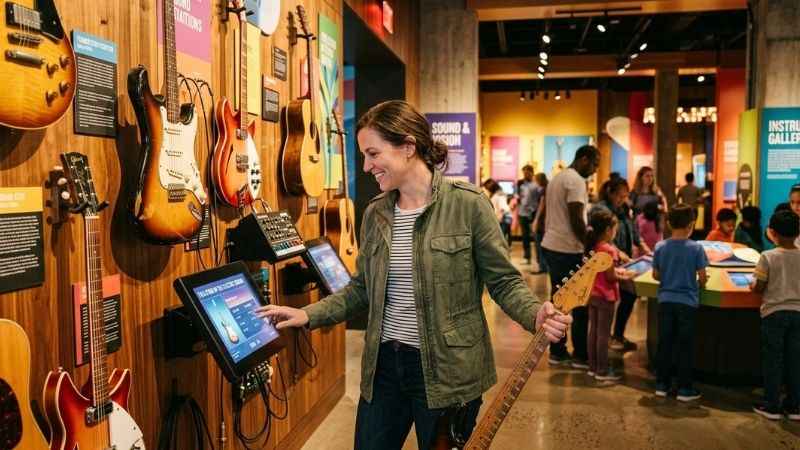 Interactive instrument exhibits displayed inside the Museum of Making Music in Carlsbad.