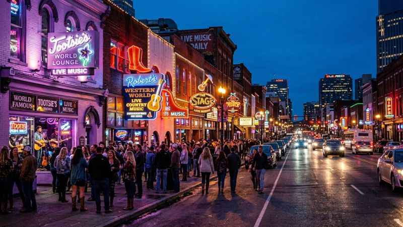Neon signs glowing on Lower Broadway in downtown Nashville during the evening.