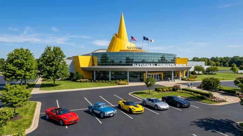 Stunning architectural view of the National Corvette Museum exterior showcasing its signature yellow cone structure.