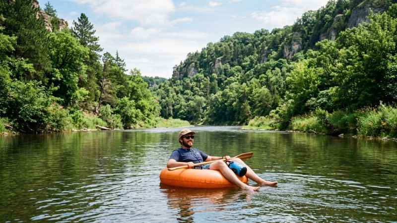 People floating on yellow inner tubes down the Niobrara River in Nebraska during summer.