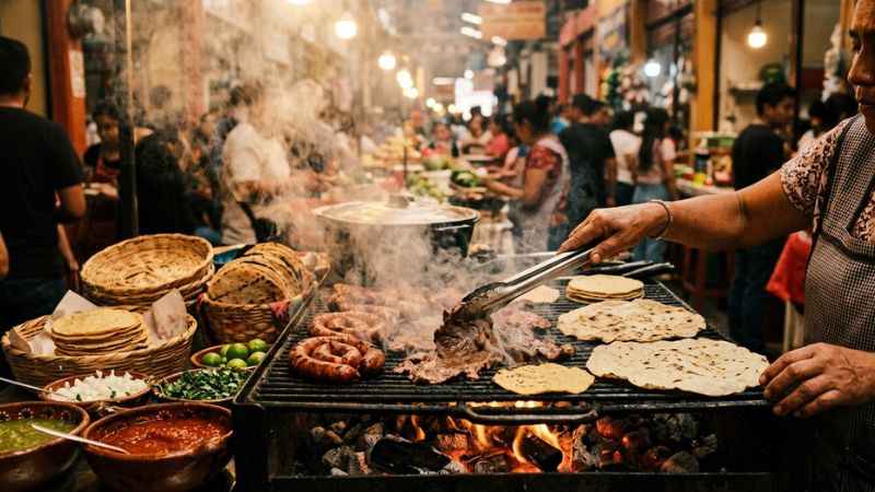 Grilled foods at a market in Oaxaca.