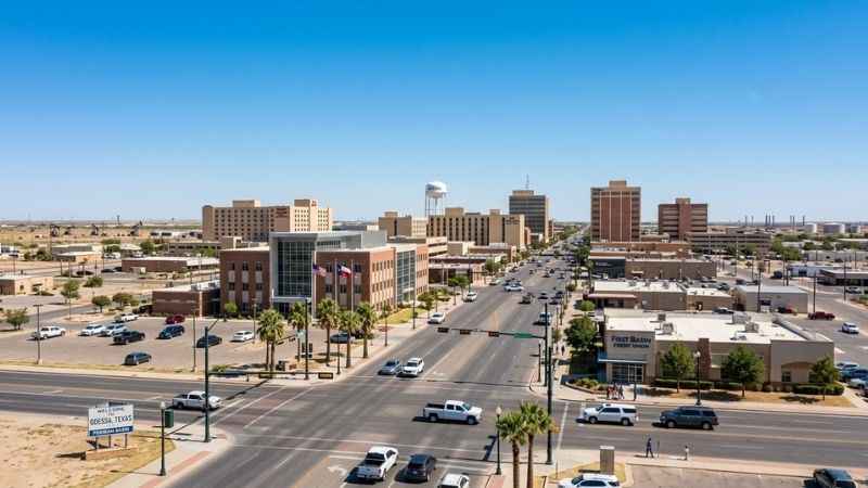 Panoramic view of downtown Odessa, Texas, showcasing the urban skyline and vibrant West Texas atmosphere.