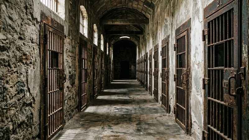 Historic cell block interior at the Old Idaho Penitentiary in Boise.
