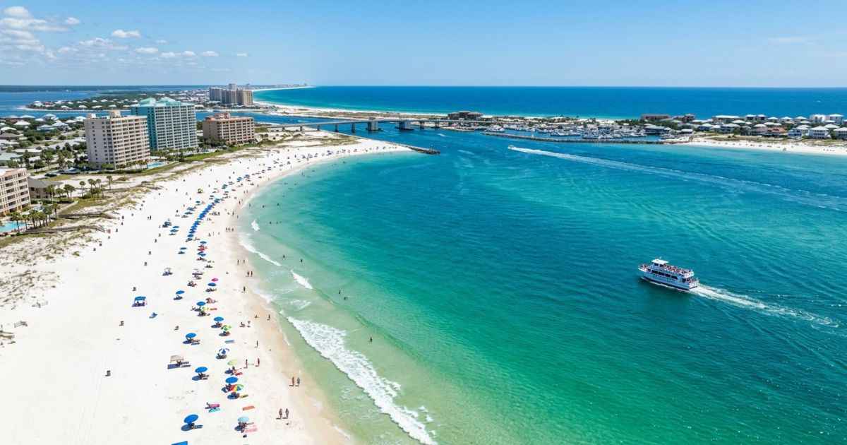 Aerial view of white sand beach and turquoise water in Orange Beach Alabama