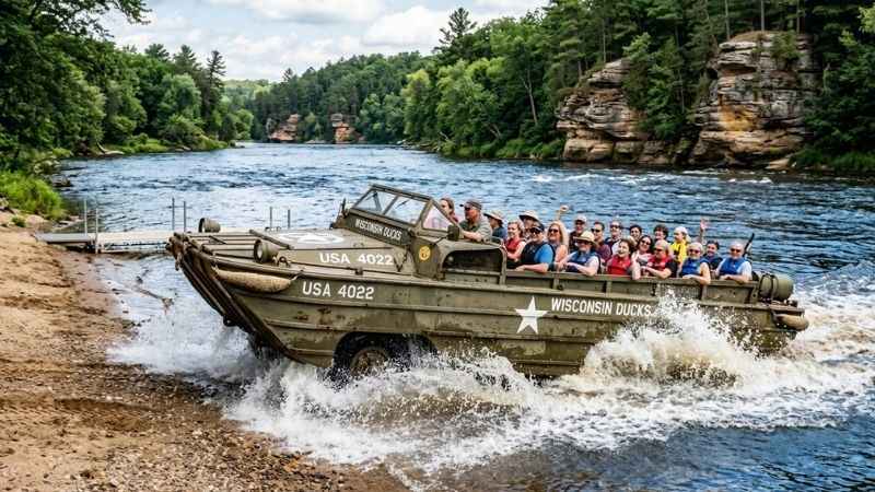 An amphibious Original Wisconsin Ducks tour vehicle splashing into the river.