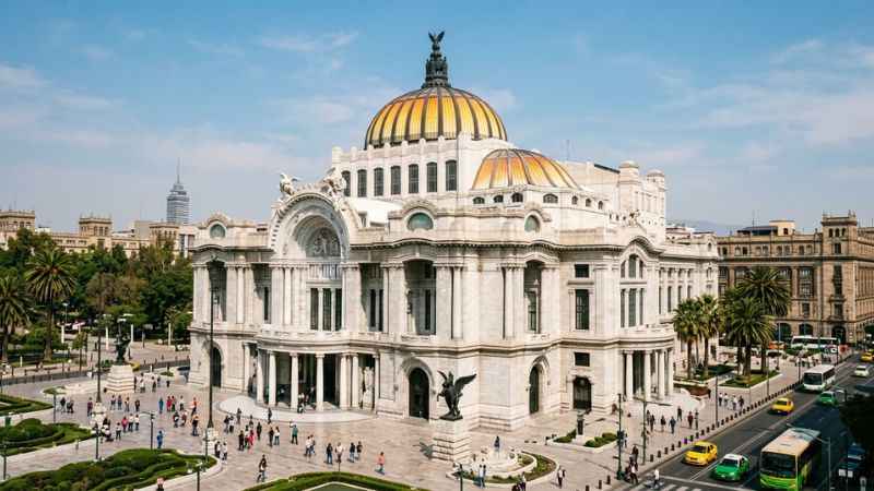 The historic Palacio de Bellas Artes building featuring its iconic domes in downtown Mexico City.
