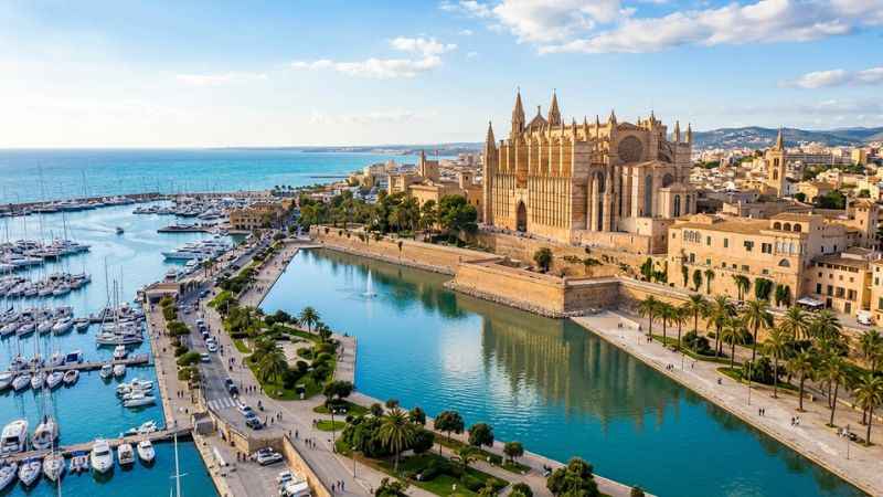 La Seu Cathedral standing tall next to the harbor in Palma de Mallorca.