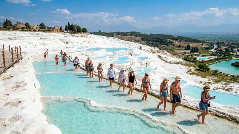 Visitors walking along the white thermal travertine terraces in Pamukkale.