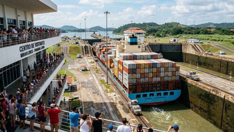 Ship passing through the Miraflores Locks at the Panama Canal in Panama.