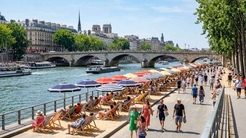 People relaxing on lounge chairs by the Seine river during the summer Paris Plages event.