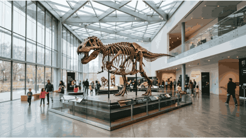 Impressive dinosaur fossil skeleton display inside the spacious exhibit hall of the Perot Museum in Dallas.