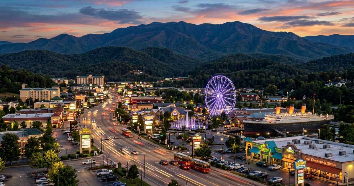 Scenic view of the Pigeon Forge Parkway and the Great Smoky Mountains.