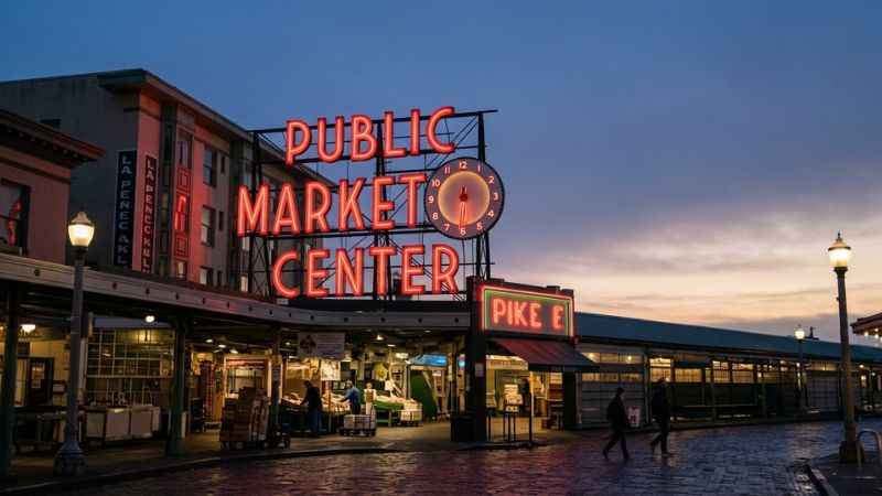 The famous historic red neon sign and clock at the entrance of Pike Place Market in downtown Seattle.