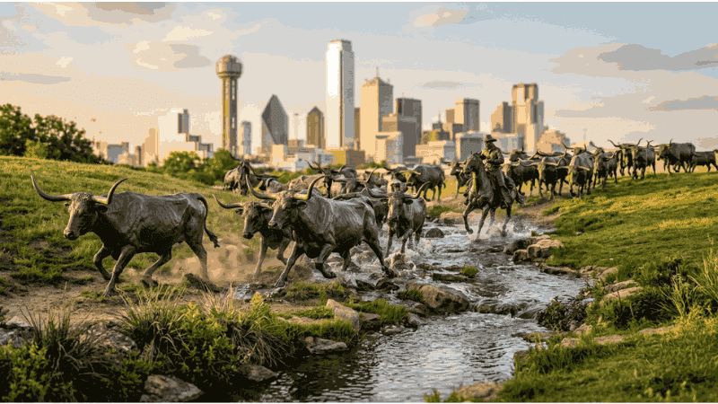 Larger-than-life bronze longhorn cattle statues running across a grassy hill and stream at Pioneer Plaza in Dallas.