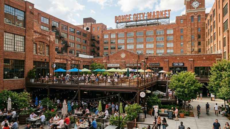 Brick structure and open-air dining decks at Ponce City Market along the BeltLine.