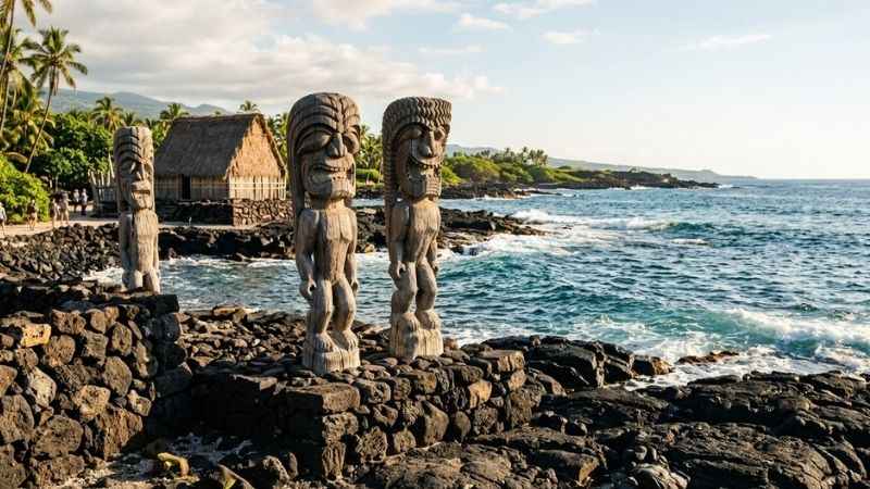 Ancient wooden tikis overlooking the ocean at Puʻuhonua o Hōnaunau historical park in Kona.