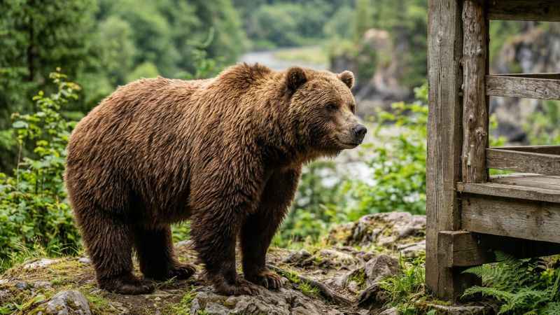A large coastal brown bear standing on a wooden viewing platform at the Fortress of the Bear sanctuary in Sitka.