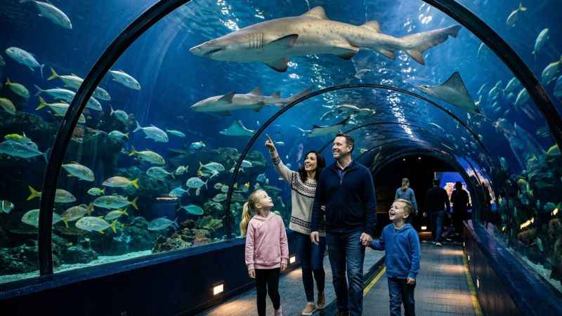People observing sharks and marine life from inside the glass underwater tunnel at Ripley's Aquarium.