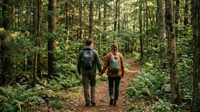 Couple hiking together on a peaceful shaded forest trail in the Poconos.