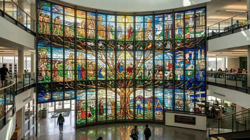 Roots of Knowledge stained glass installation inside Fulton Library at Utah Valley University