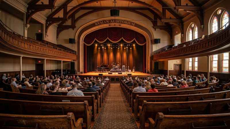 Historic wooden church pews and main stage inside Ryman Auditorium in Nashville.