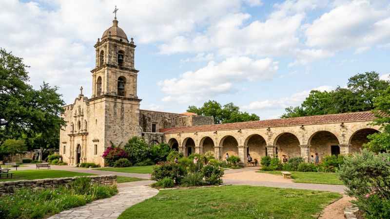 Stone arches and chapel bell tower at Mission San Jose in San Antonio Missions National Historical Park