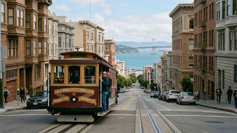 A San Francisco cable car on steep California Street with historic buildings in the background.