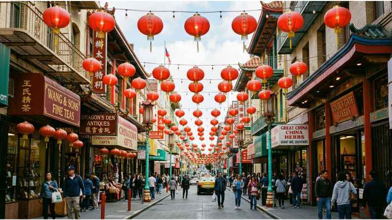 Grant Avenue in San Francisco Chinatown lined with traditional red lanterns and decorative buildings.
