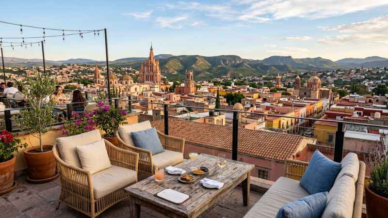 View over the historic colonial skyline from a rooftop vantage point in San Miguel de Allende.
