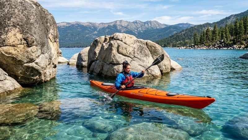 Kayaker paddling in the clear turquoise water near granite boulders at Sand Harbor State Park.