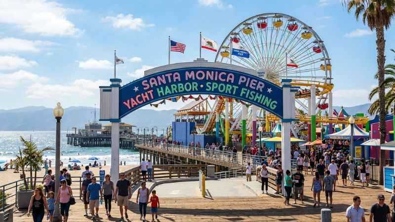 Iconic entrance archway of the Santa Monica Pier leading toward amusement rides and the ocean.