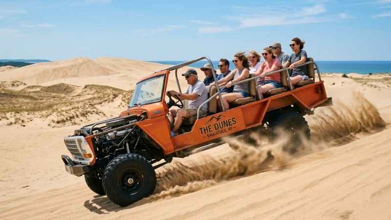 Visitors enjoying an open-air Saugatuck Dune Rides tour across the sandy hills.