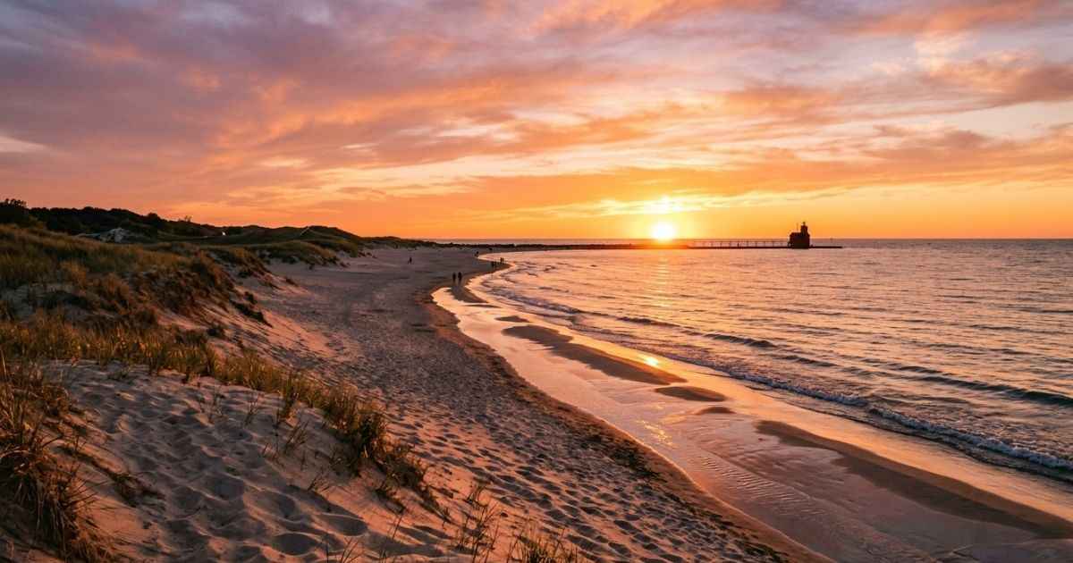 Vibrant sunset over the sandy shoreline at Oval Beach in Saugatuck, Michigan.