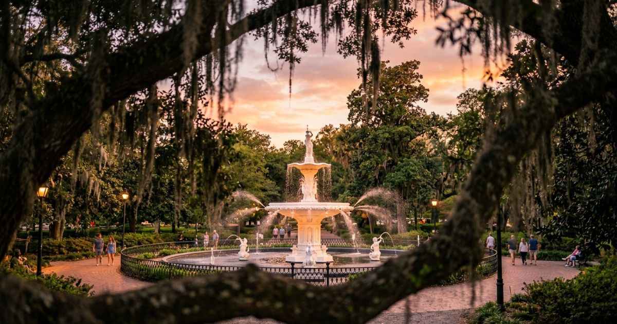 Iconic fountain in Forsyth Park, Savannah, at sunset framed by Spanish moss.