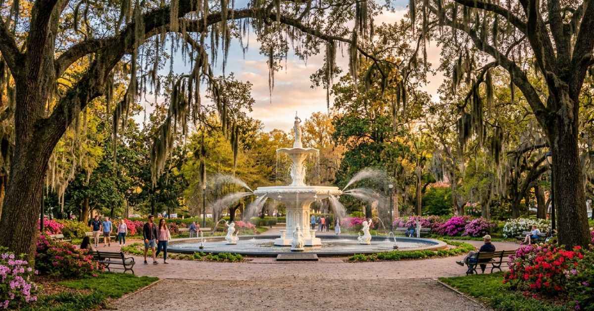 Forsyth Park fountain surrounded by moss-draped live oak trees and colorful flowers in Savannah, Georgia.