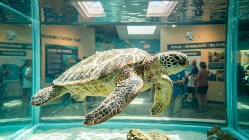 Rescued sea turtle swimming in a clear tank at Sea Turtle Inc. on South Padre Island.