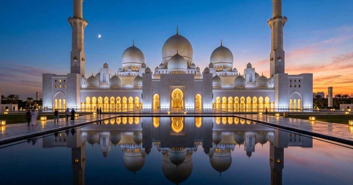 Sheikh Zayed Grand Mosque exterior illuminated at sunset in Abu Dhabi
