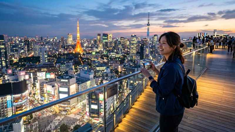Tourist looking out over the Tokyo skyline from the open-air Shibuya Sky observation deck.