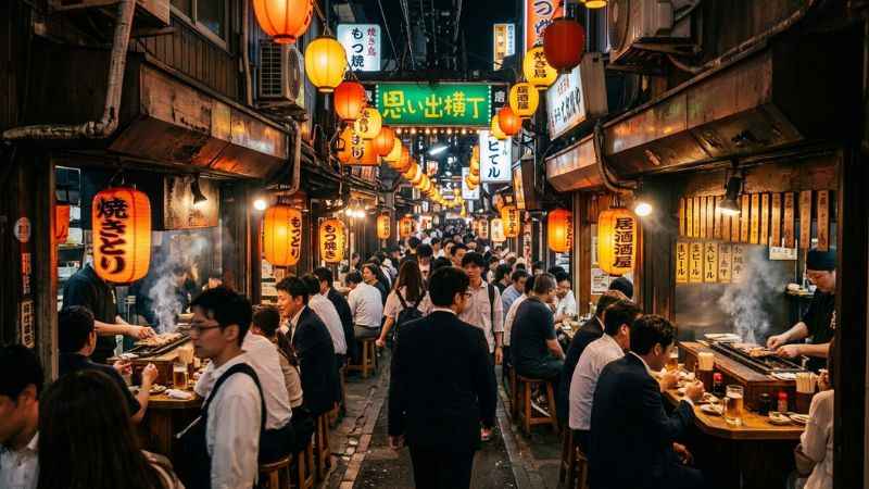 Traditional lantern-lit food alleys of Omoide Yokocho in Shinjuku, Tokyo at night.
