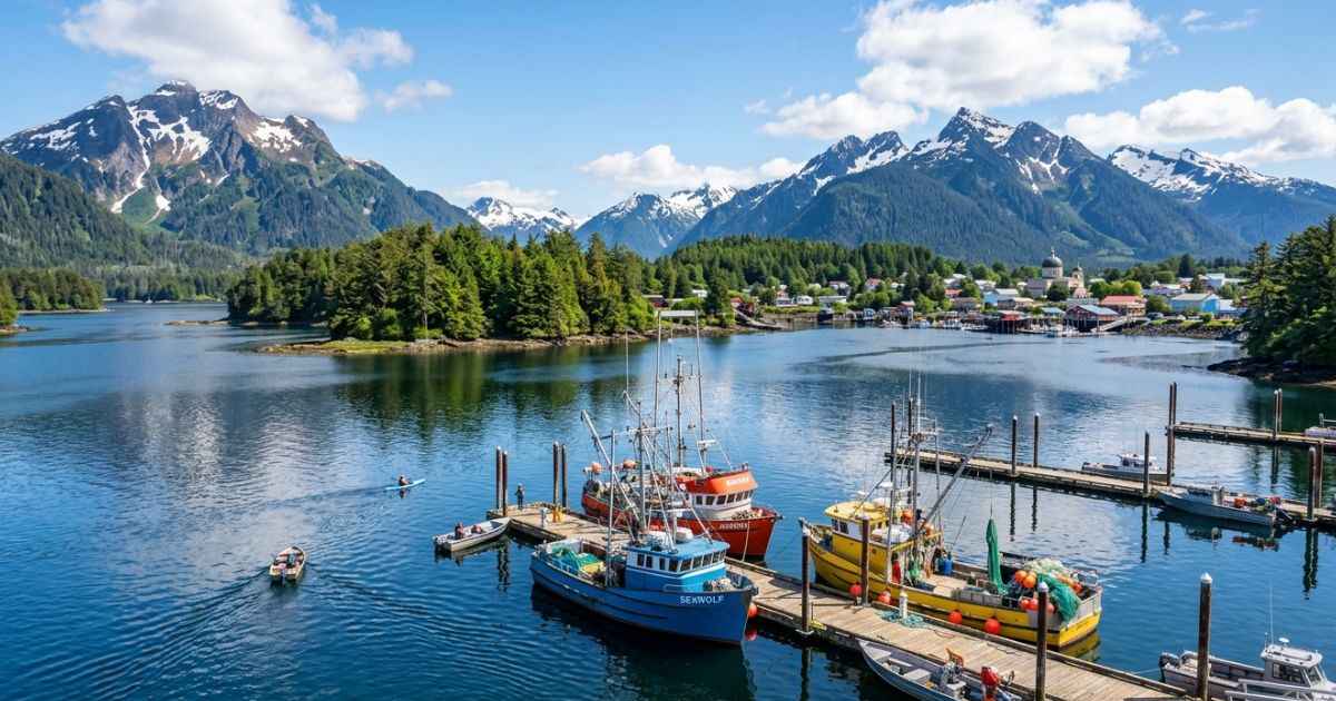 Panoramic view of Sitka Sound with calm blue water, fishing boats, and snow-capped mountains under a bright sky.