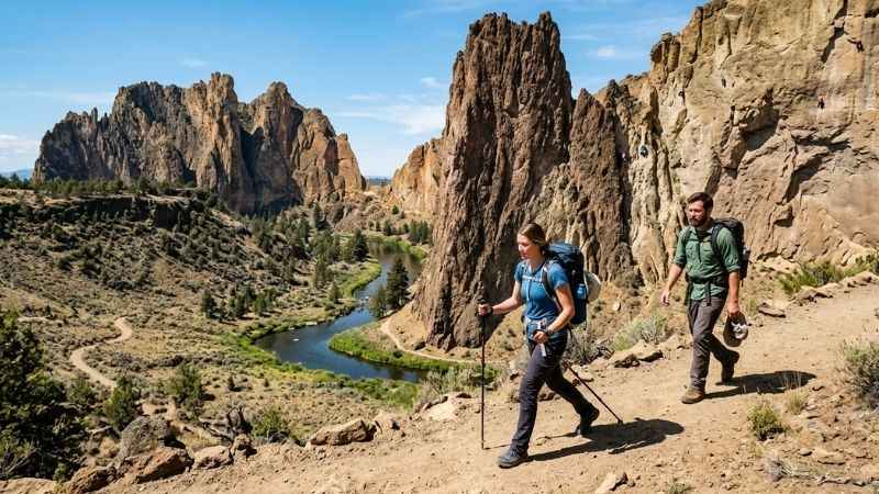 Hikers on the scenic trail beneath towering rock climbing cliffs at Smith Rock State Park near Bend.