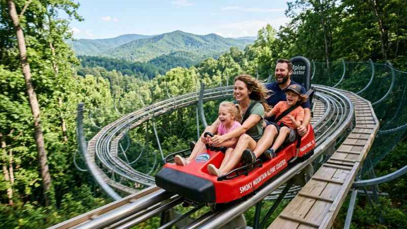 Riders enjoying an alpine mountain coaster through the trees in Pigeon Forge.