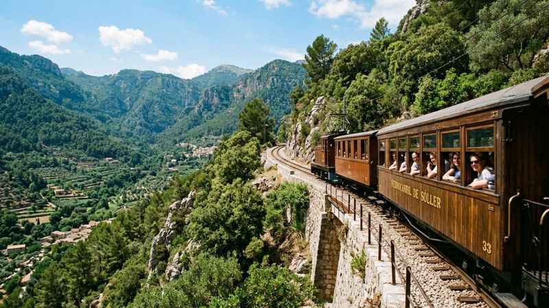 The historic wooden Sóller train traveling through the Serra de Tramuntana mountains.
