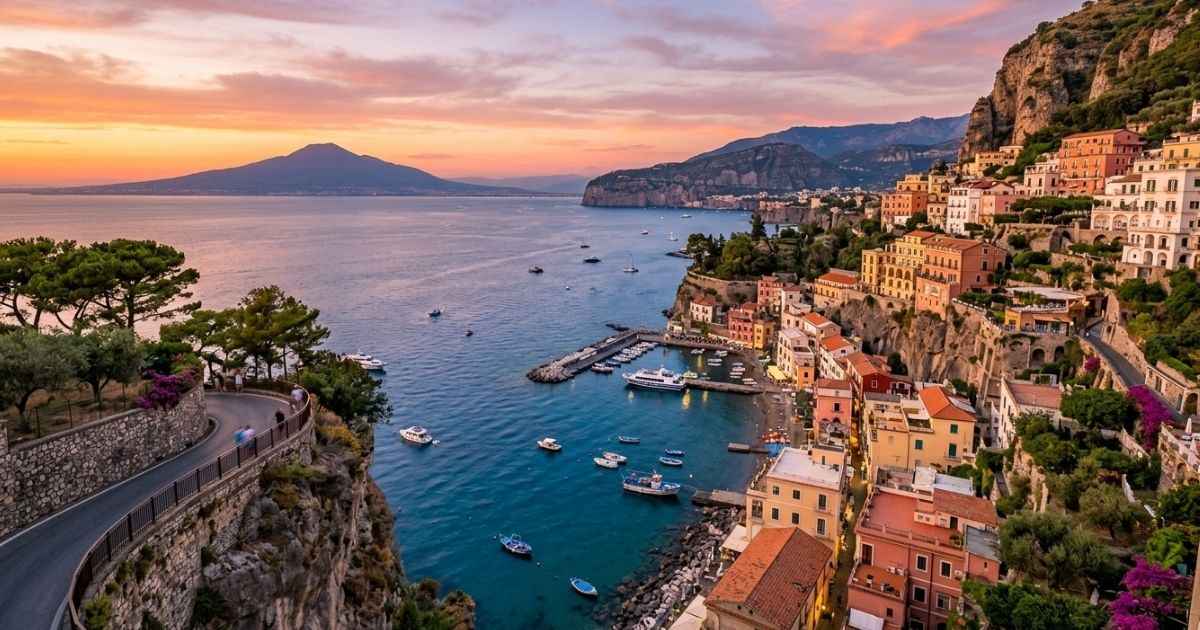 Colorful buildings and dramatic cliffs of Sorrento overlooking the blue sea at sunset.