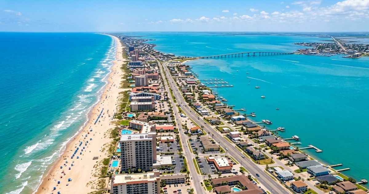 Aerial view of South Padre Island beaches and coastal waters on a sunny day.
