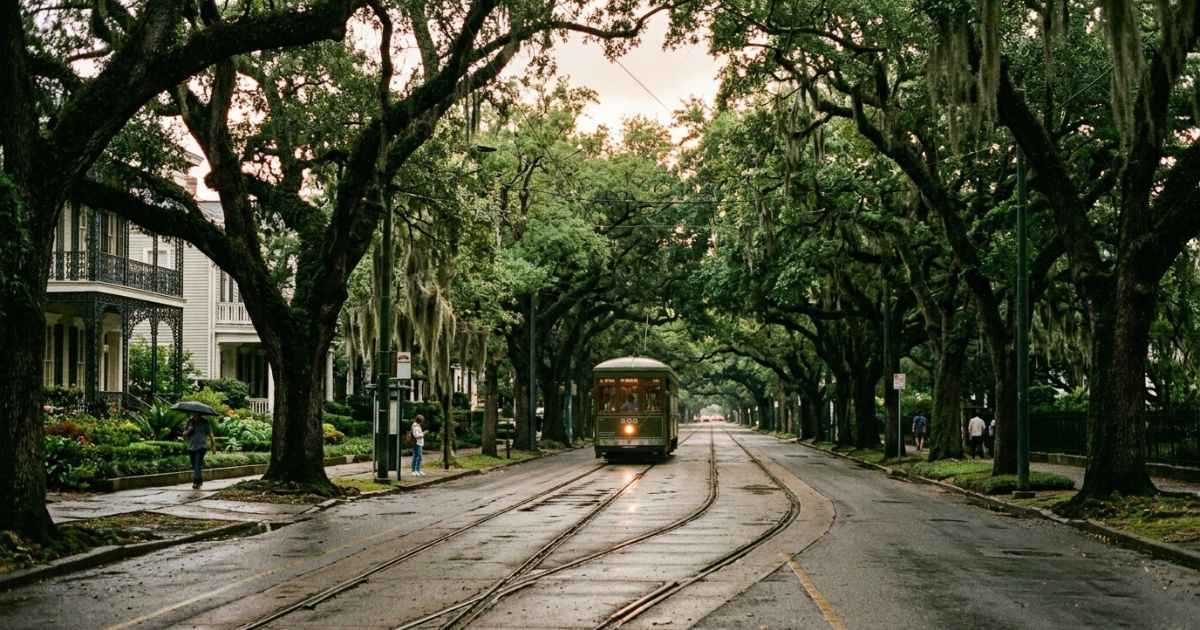 Green St. Charles streetcar traveling under live oak trees in New Orleans