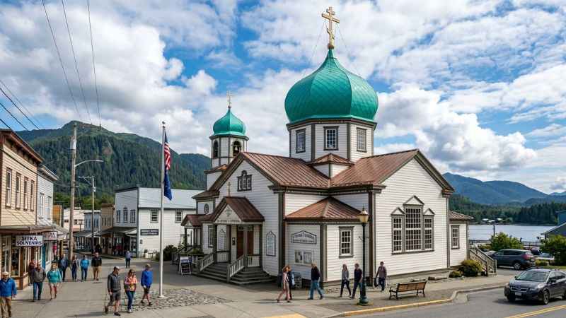 St. Michael's Russian Orthodox Cathedral featuring its iconic green onion dome against a historic downtown street backdrop.