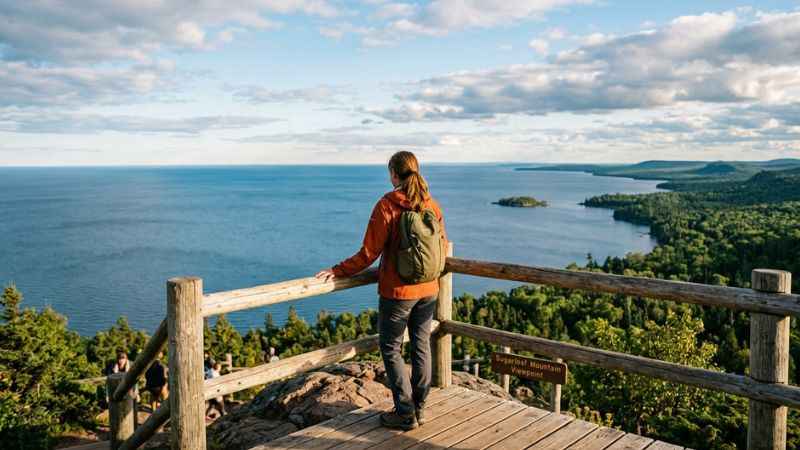 Hiker enjoying the view of Lake Superior from the observation deck on Sugarloaf Mountain near Marquette, MI.