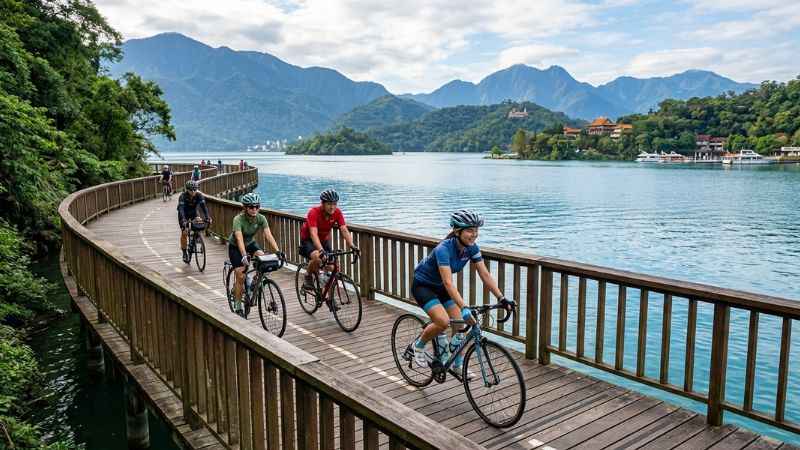 Cyclists enjoying the scenic lakeside trail overlooking Sun Moon Lake in central Taiwan.